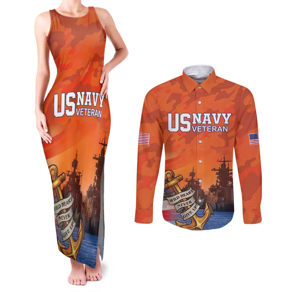 Custom US Navy Veteran Couples Matching Tank Maxi Dress and Long Sleeve Button Shirt With Camouflage Pattern - Wonder Print Shop