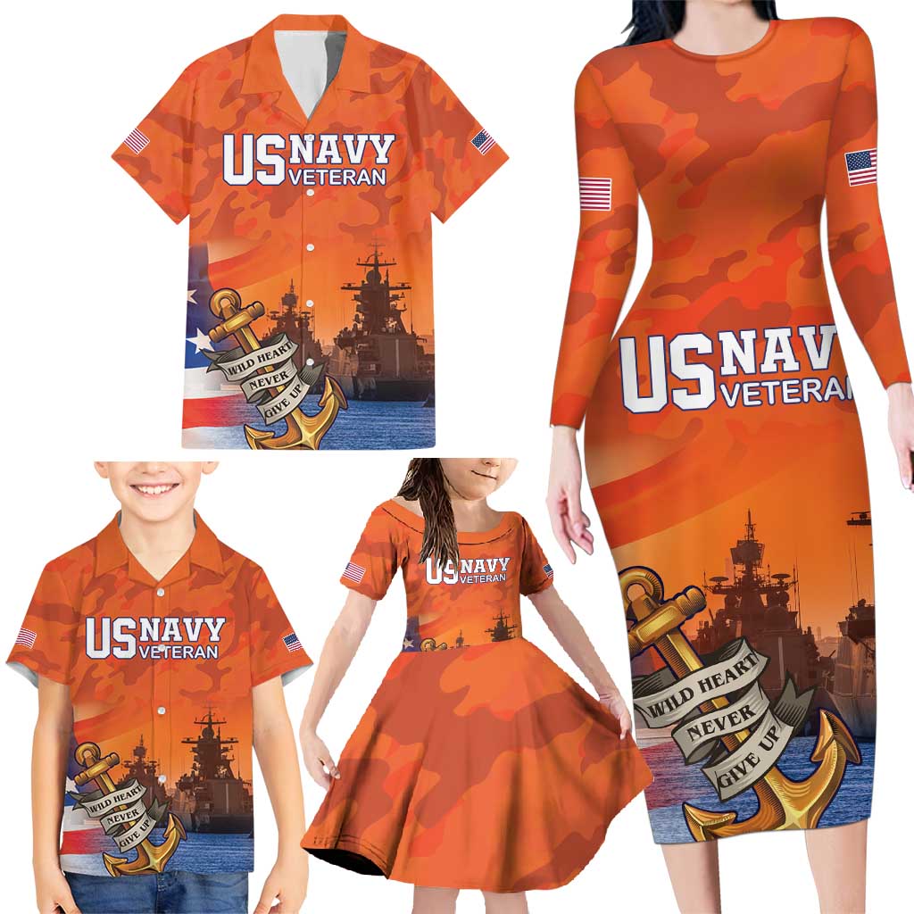 Custom US Navy Veteran Family Matching Long Sleeve Bodycon Dress and Hawaiian Shirt With Camouflage Pattern - Wonder Print Shop