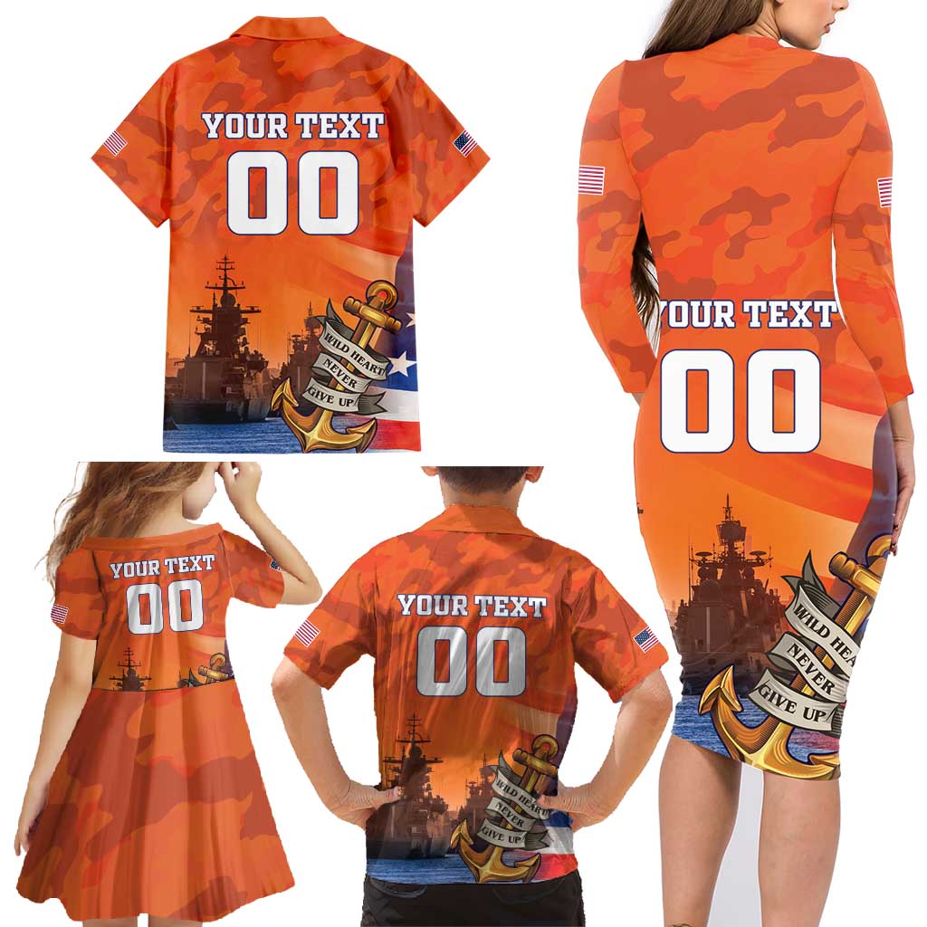 Custom US Navy Veteran Family Matching Long Sleeve Bodycon Dress and Hawaiian Shirt With Camouflage Pattern - Wonder Print Shop