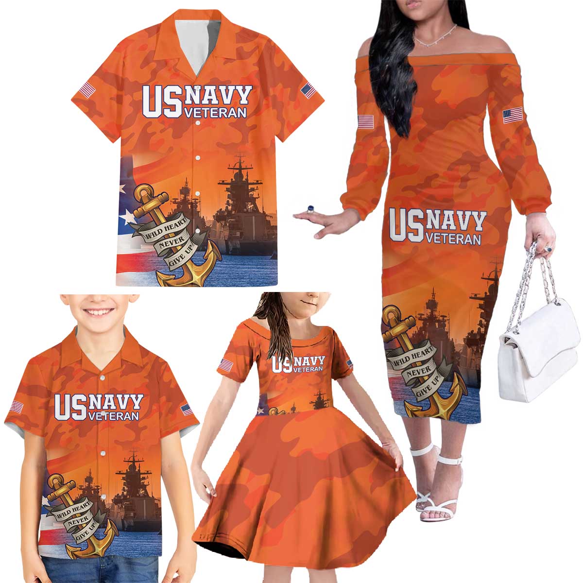 Custom US Navy Veteran Family Matching Off The Shoulder Long Sleeve Dress and Hawaiian Shirt With Camouflage Pattern - Wonder Print Shop