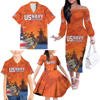 Custom US Navy Veteran Family Matching Off The Shoulder Long Sleeve Dress and Hawaiian Shirt With Camouflage Pattern - Wonder Print Shop