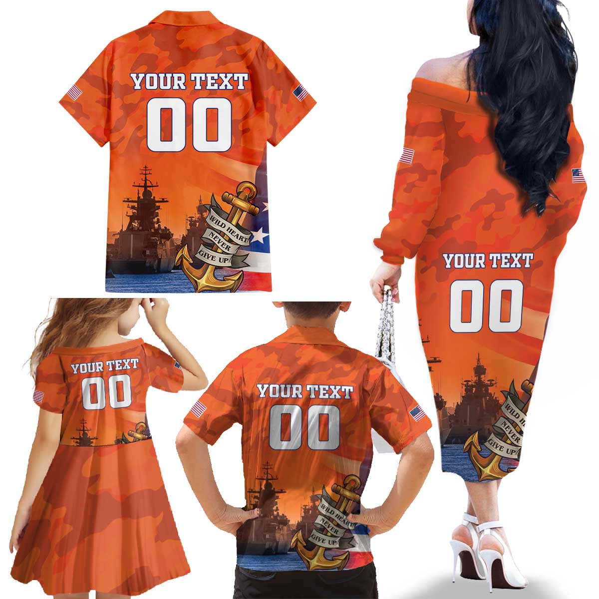 Custom US Navy Veteran Family Matching Off The Shoulder Long Sleeve Dress and Hawaiian Shirt With Camouflage Pattern - Wonder Print Shop