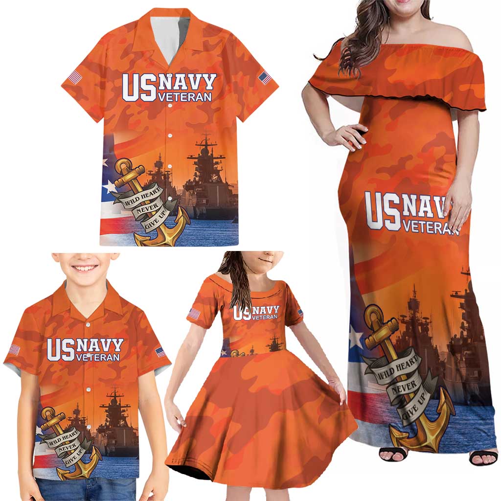 Custom US Navy Veteran Family Matching Off Shoulder Maxi Dress and Hawaiian Shirt With Camouflage Pattern - Wonder Print Shop