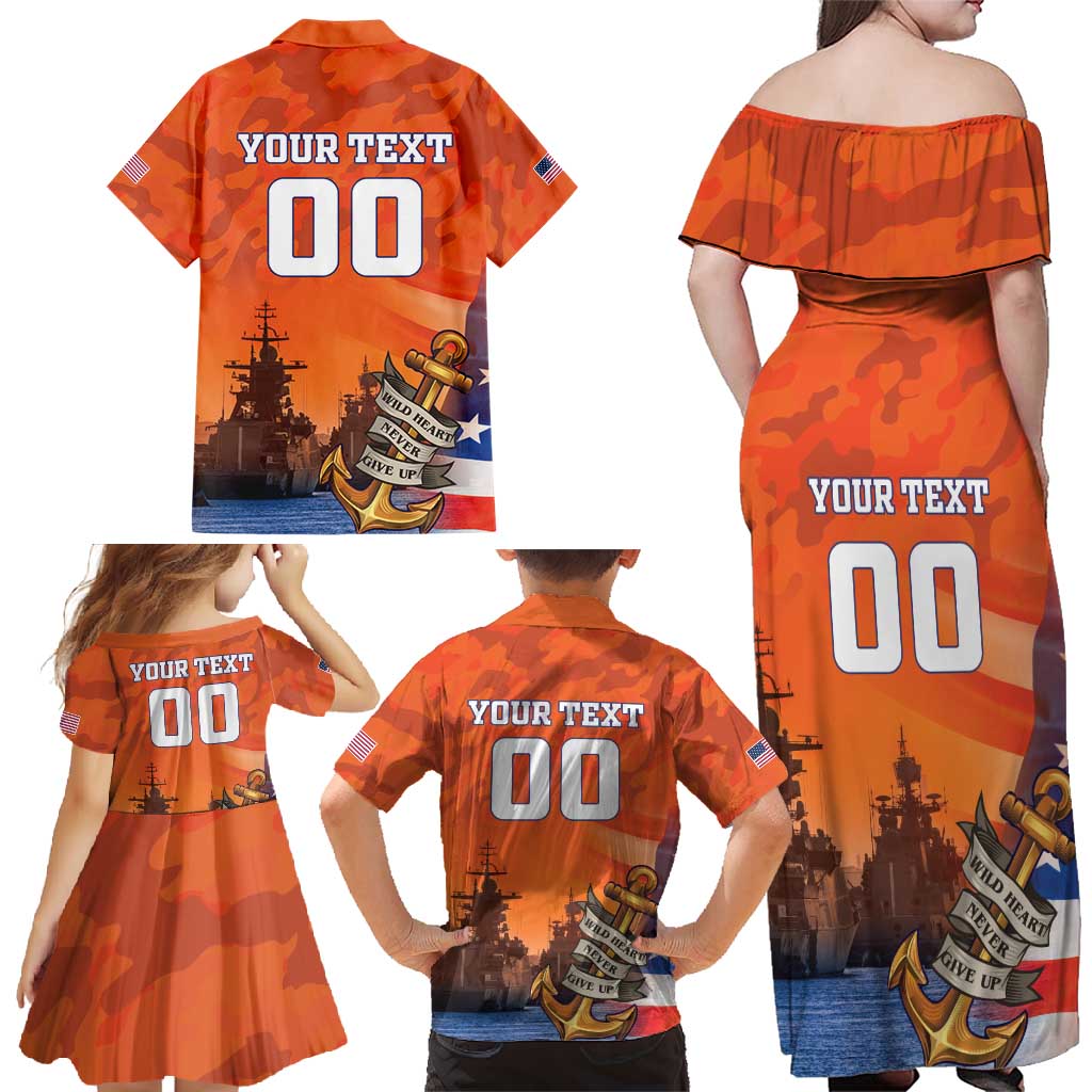 Custom US Navy Veteran Family Matching Off Shoulder Maxi Dress and Hawaiian Shirt With Camouflage Pattern - Wonder Print Shop
