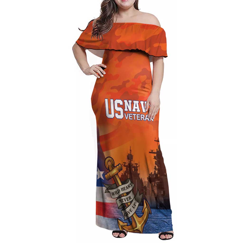 Custom US Navy Veteran Family Matching Off Shoulder Maxi Dress and Hawaiian Shirt With Camouflage Pattern - Wonder Print Shop