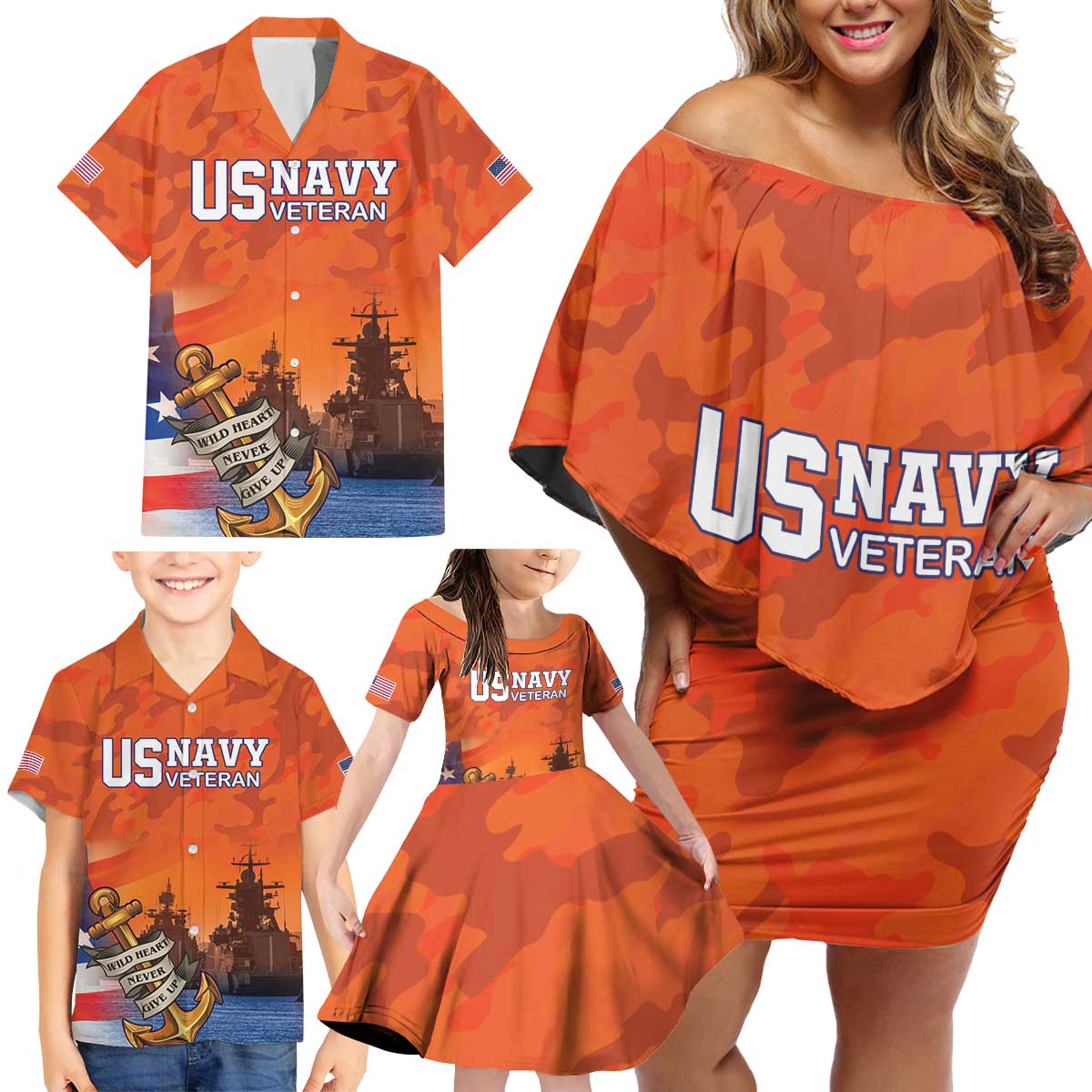 Custom US Navy Veteran Family Matching Off Shoulder Short Dress and Hawaiian Shirt With Camouflage Pattern - Wonder Print Shop