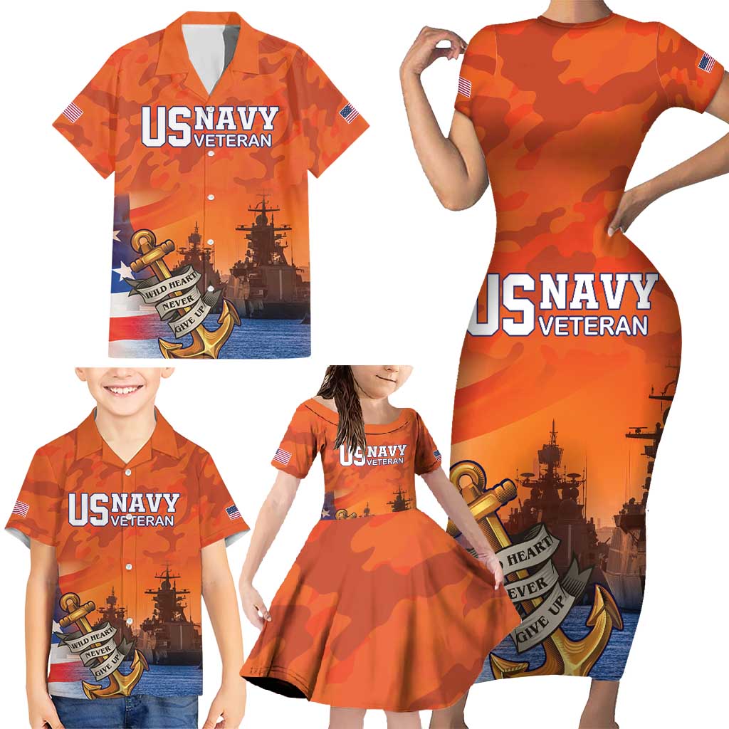 Custom US Navy Veteran Family Matching Short Sleeve Bodycon Dress and Hawaiian Shirt With Camouflage Pattern - Wonder Print Shop
