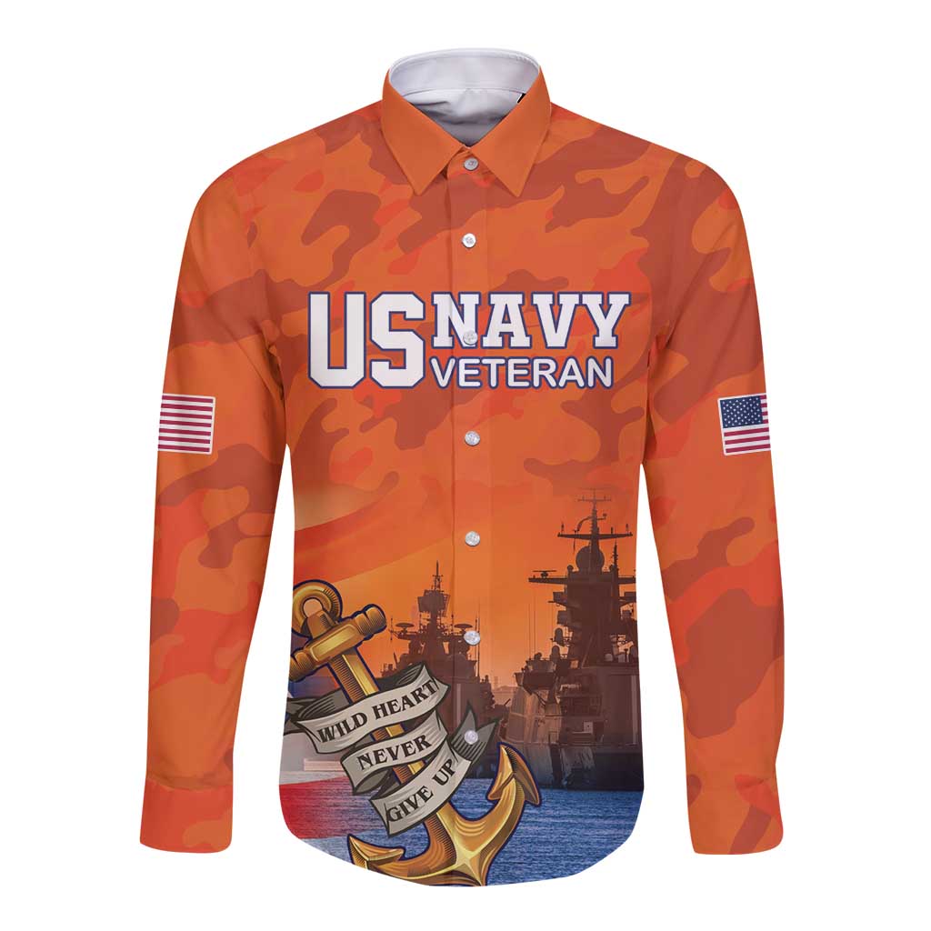 Custom US Navy Veteran Long Sleeve Button Shirt With Camouflage Pattern - Wonder Print Shop
