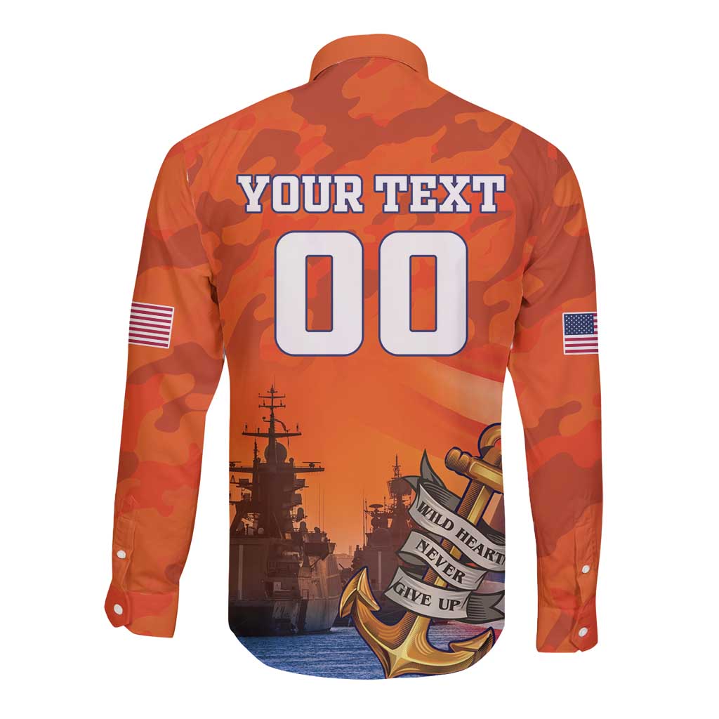 Custom US Navy Veteran Long Sleeve Button Shirt With Camouflage Pattern - Wonder Print Shop