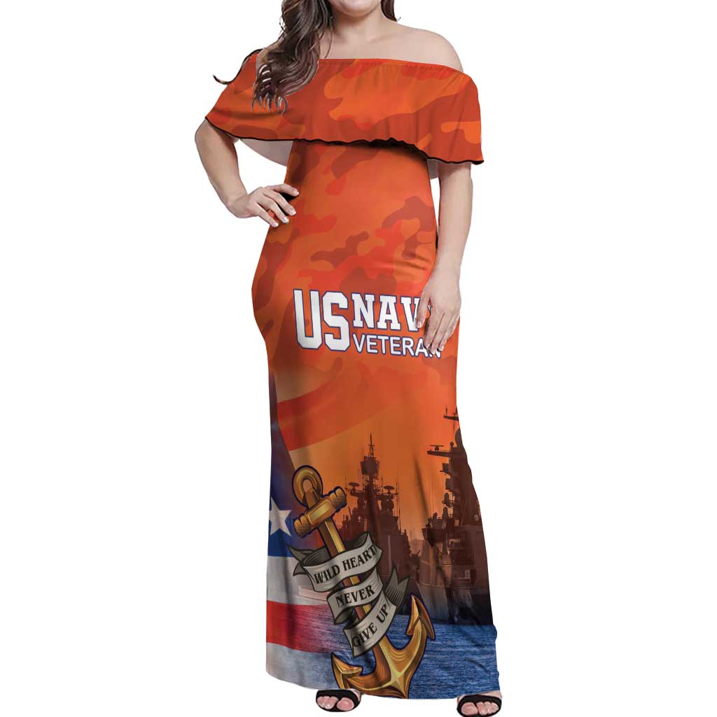 Custom US Navy Veteran Off Shoulder Maxi Dress With Camouflage Pattern - Wonder Print Shop