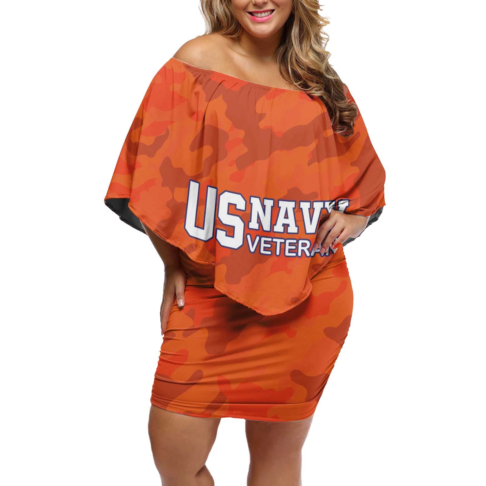Custom US Navy Veteran Off Shoulder Short Dress With Camouflage Pattern - Wonder Print Shop