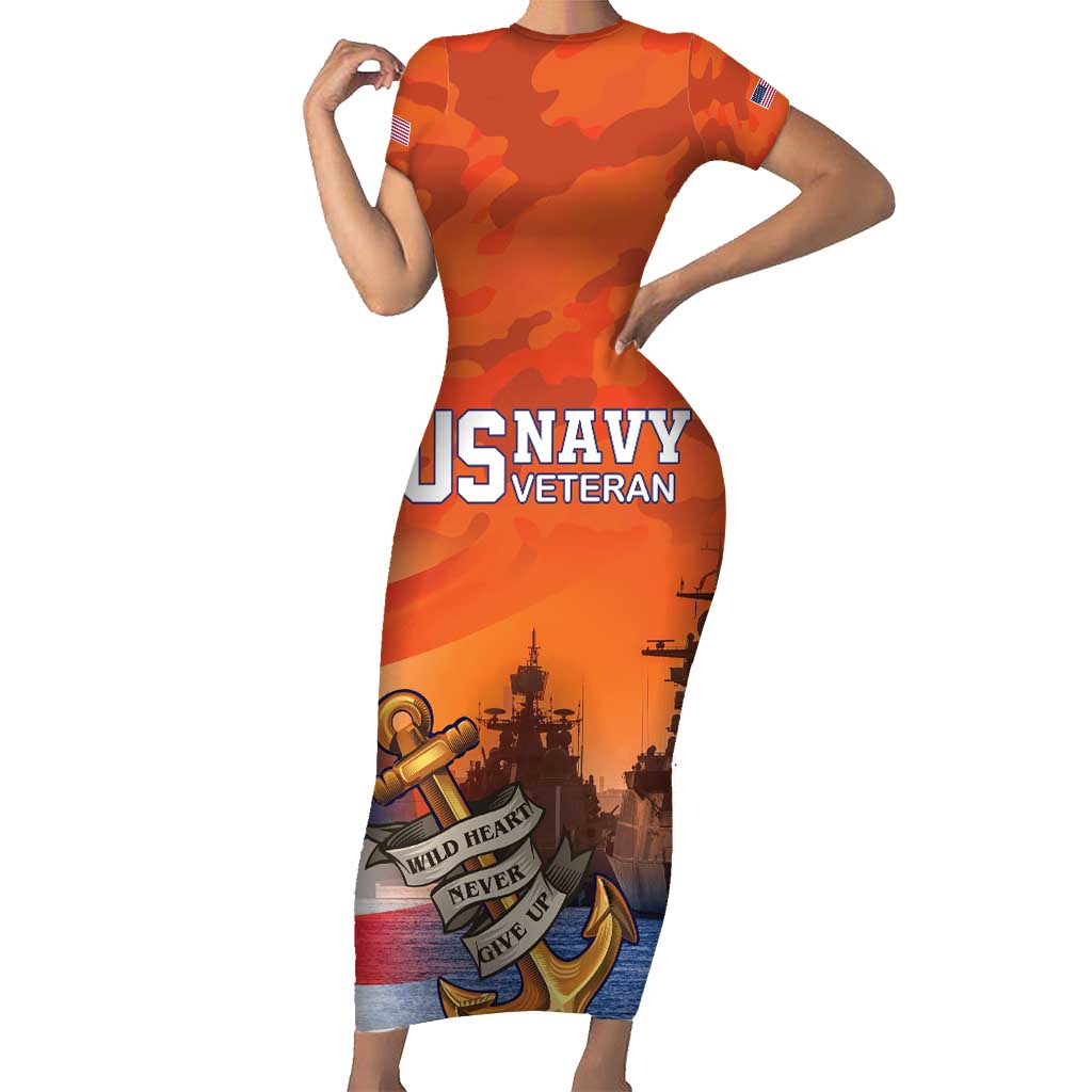 Custom US Navy Veteran Short Sleeve Bodycon Dress With Camouflage Pattern - Wonder Print Shop