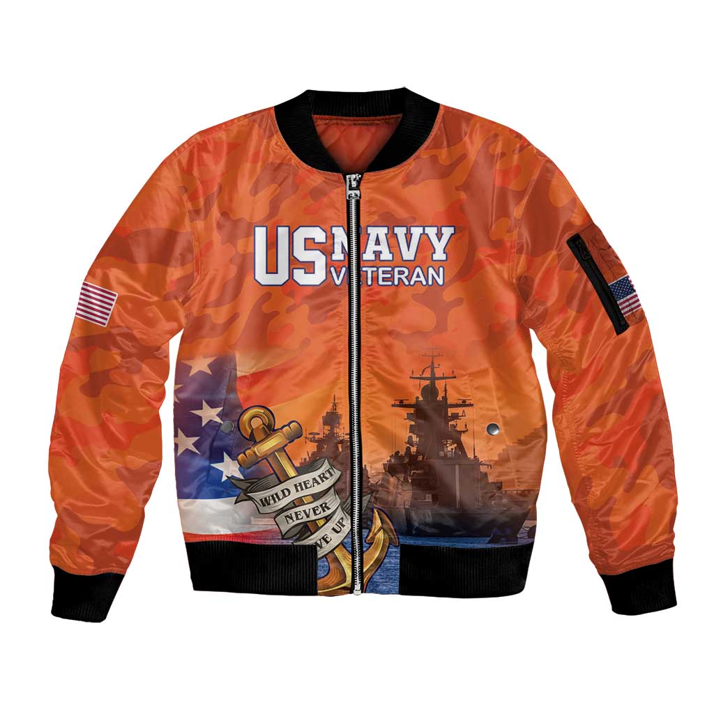 Custom US Navy Veteran Sleeve Zip Bomber Jacket With Camouflage Pattern - Wonder Print Shop