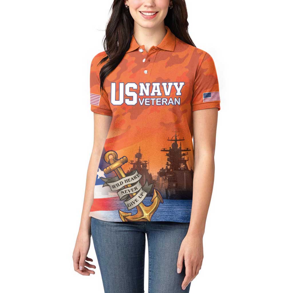 Custom US Navy Veteran Women Polo Shirt With Camouflage Pattern - Wonder Print Shop