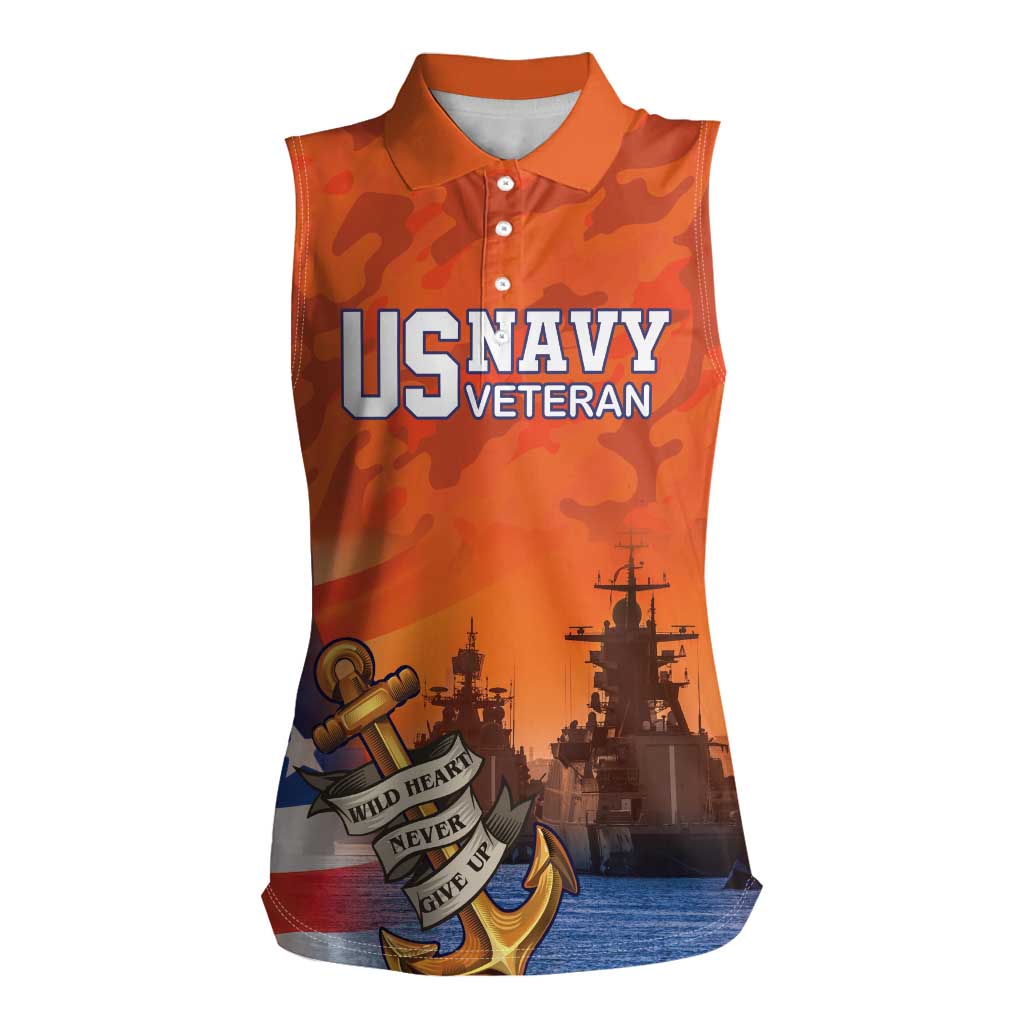 Custom US Navy Veteran Women Sleeveless Polo Shirt With Camouflage Pattern - Wonder Print Shop