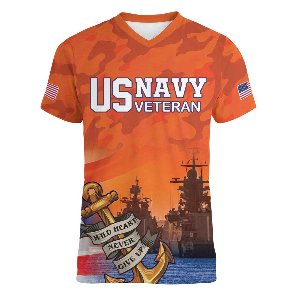 Custom US Navy Veteran Women V-Neck T-Shirt With Camouflage Pattern - Wonder Print Shop