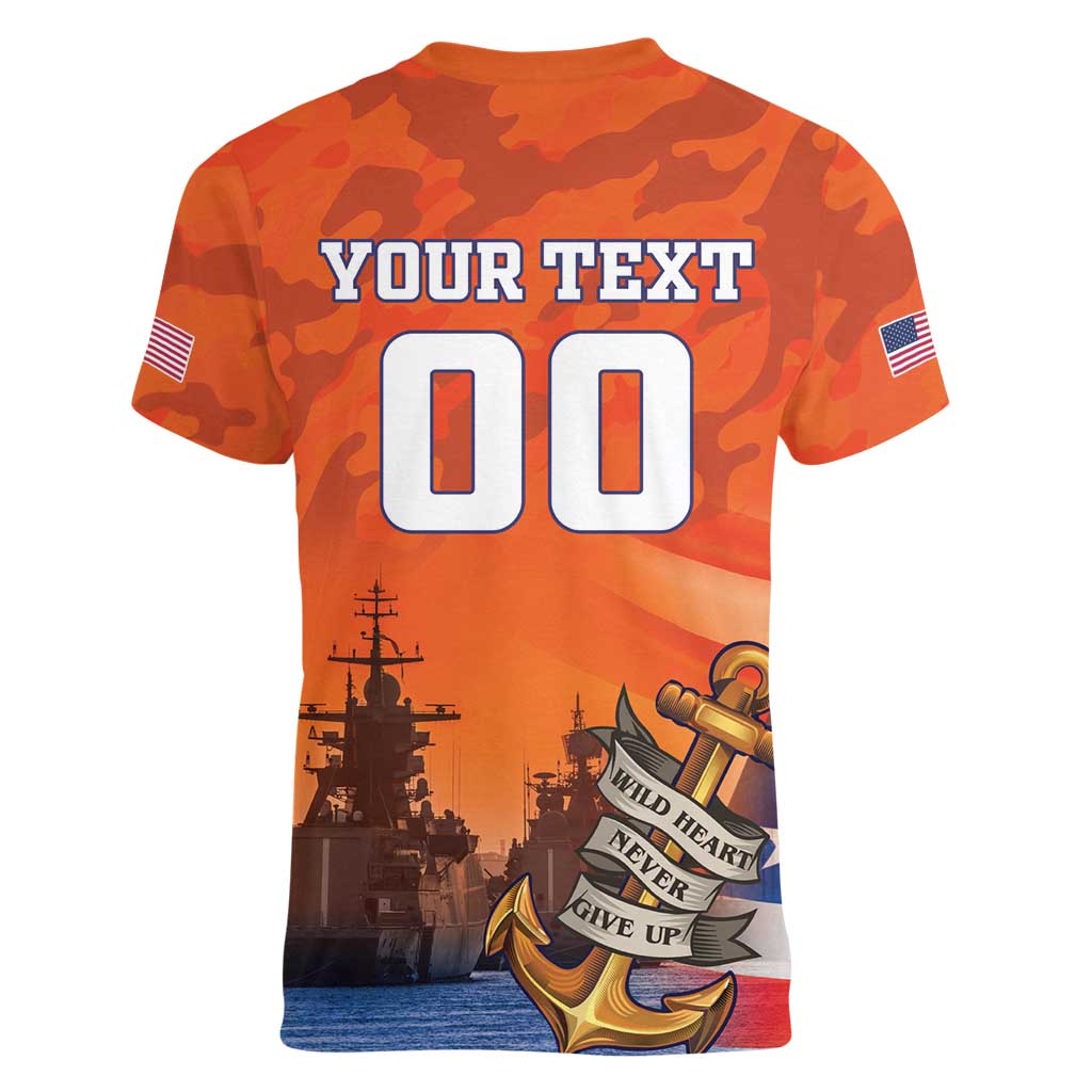 Custom US Navy Veteran Women V-Neck T-Shirt With Camouflage Pattern - Wonder Print Shop