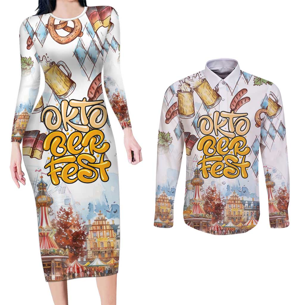 German Oktoberfest Beer Couples Matching Long Sleeve Bodycon Dress and Long Sleeve Button Shirt Heritage Beer Riesenrad Joy - Wonder Print Shop