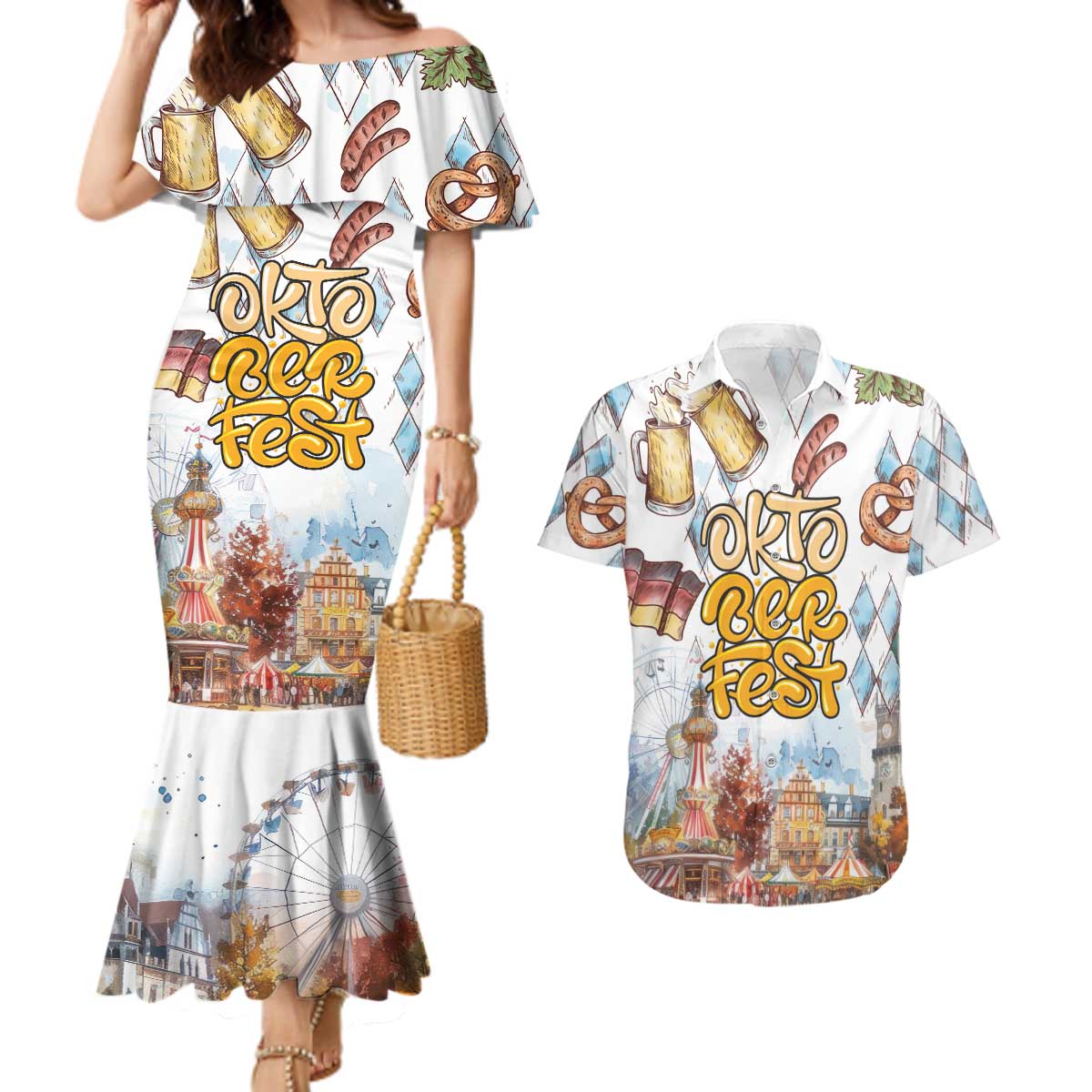 German Oktoberfest Beer Couples Matching Mermaid Dress and Hawaiian Shirt Heritage Beer Riesenrad Joy - Wonder Print Shop