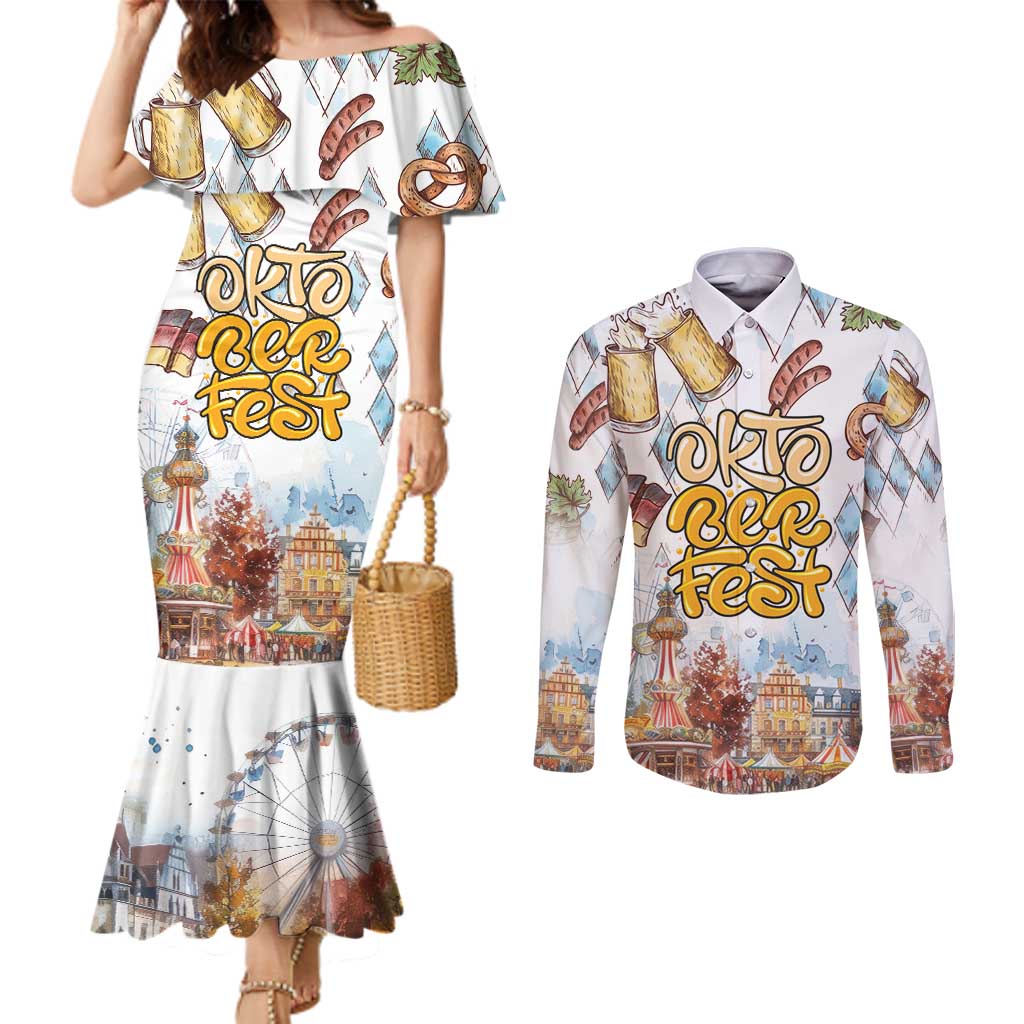 German Oktoberfest Beer Couples Matching Mermaid Dress and Long Sleeve Button Shirt Heritage Beer Riesenrad Joy - Wonder Print Shop