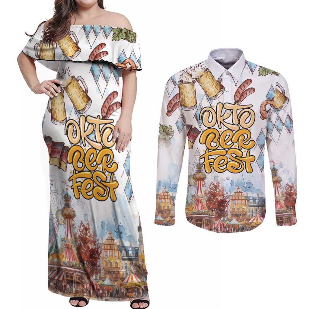 German Oktoberfest Beer Couples Matching Off Shoulder Maxi Dress and Long Sleeve Button Shirt Heritage Beer Riesenrad Joy - Wonder Print Shop