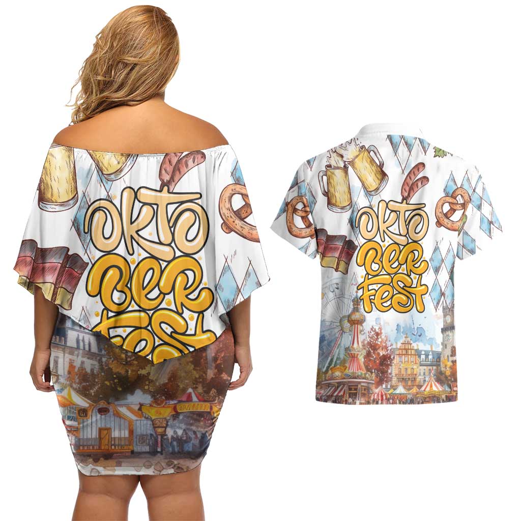 German Oktoberfest Beer Couples Matching Off Shoulder Short Dress and Hawaiian Shirt Heritage Beer Riesenrad Joy - Wonder Print Shop