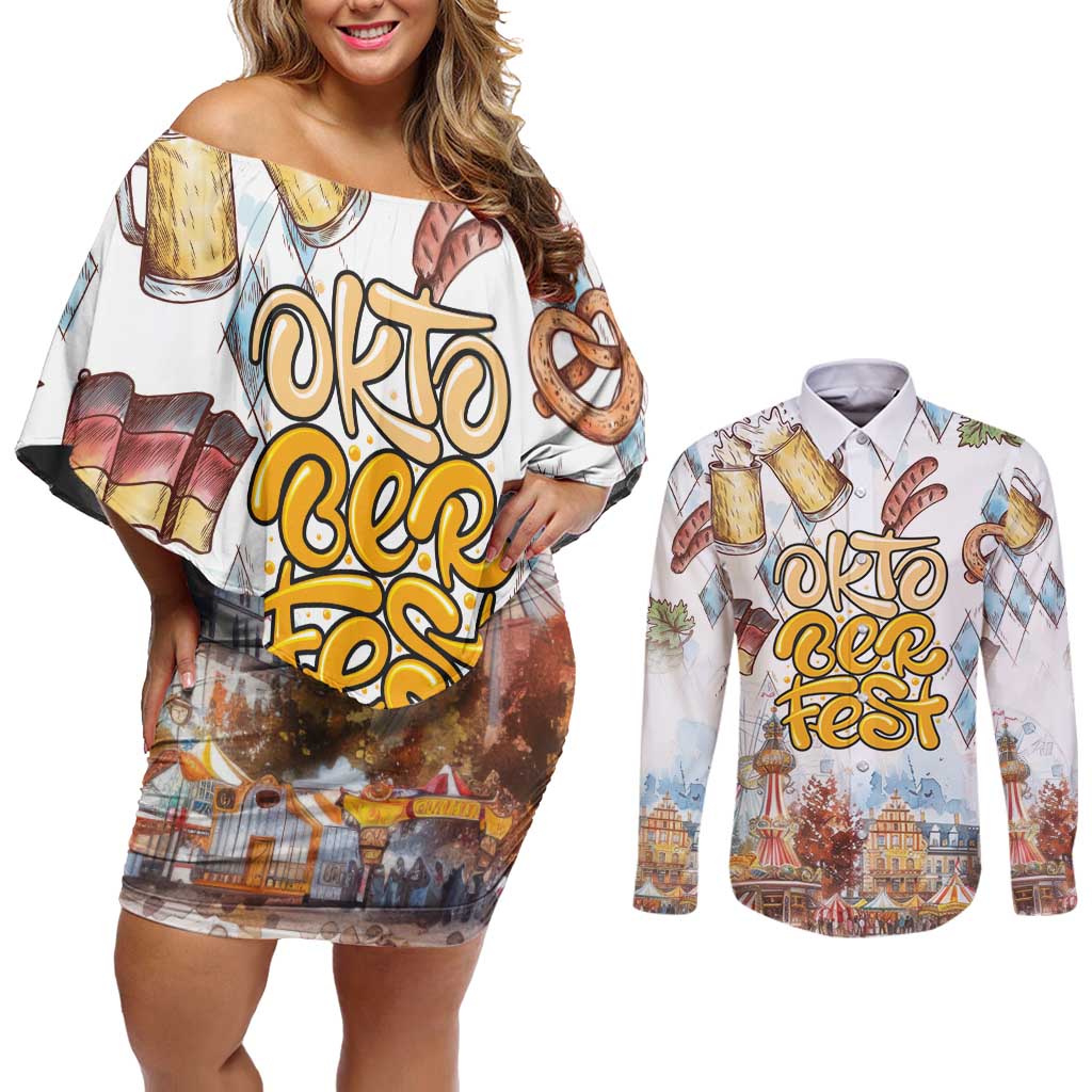 German Oktoberfest Beer Couples Matching Off Shoulder Short Dress and Long Sleeve Button Shirt Heritage Beer Riesenrad Joy - Wonder Print Shop