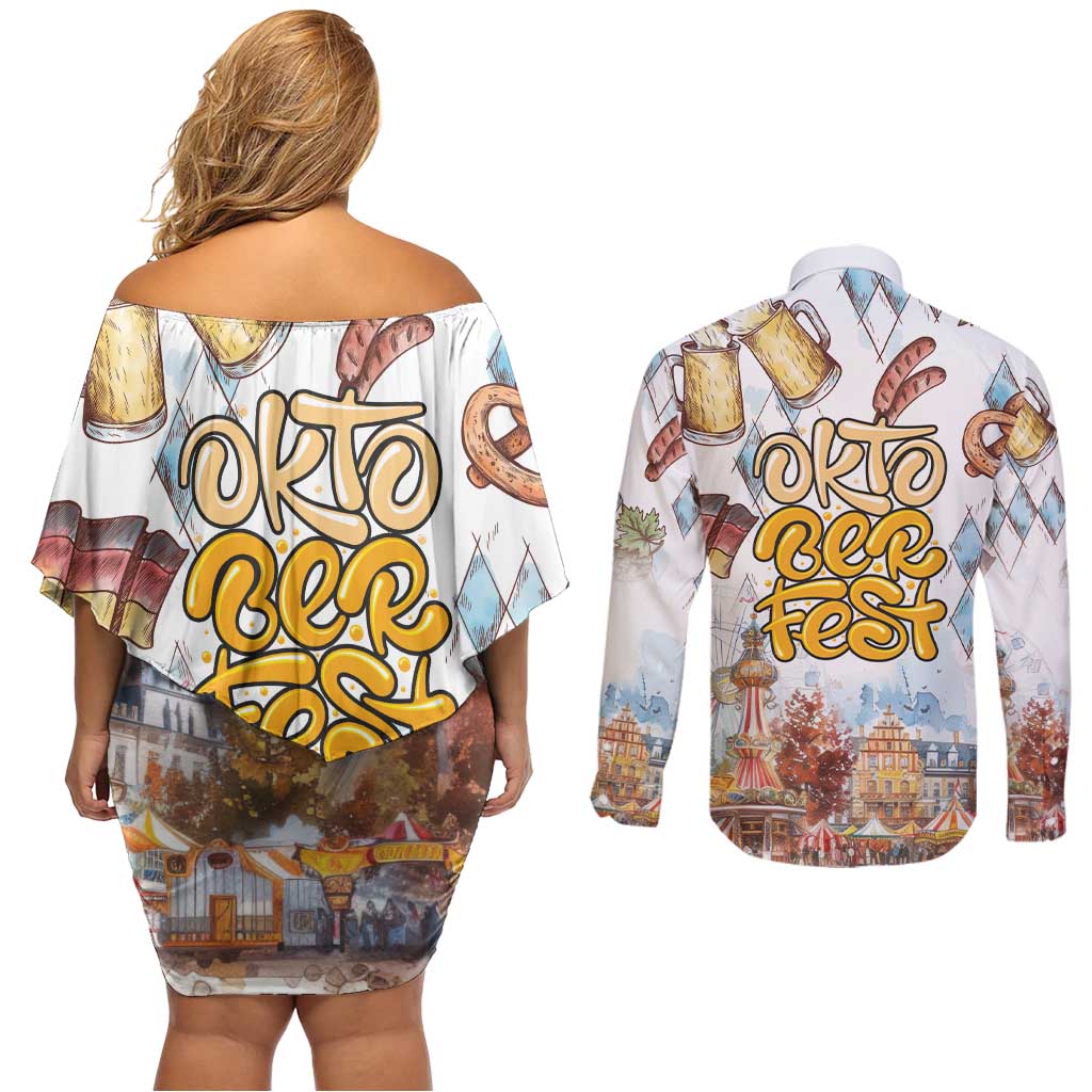 German Oktoberfest Beer Couples Matching Off Shoulder Short Dress and Long Sleeve Button Shirt Heritage Beer Riesenrad Joy - Wonder Print Shop