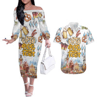 German Oktoberfest Beer Couples Matching Off The Shoulder Long Sleeve Dress and Hawaiian Shirt Heritage Beer Riesenrad Joy - Wonder Print Shop