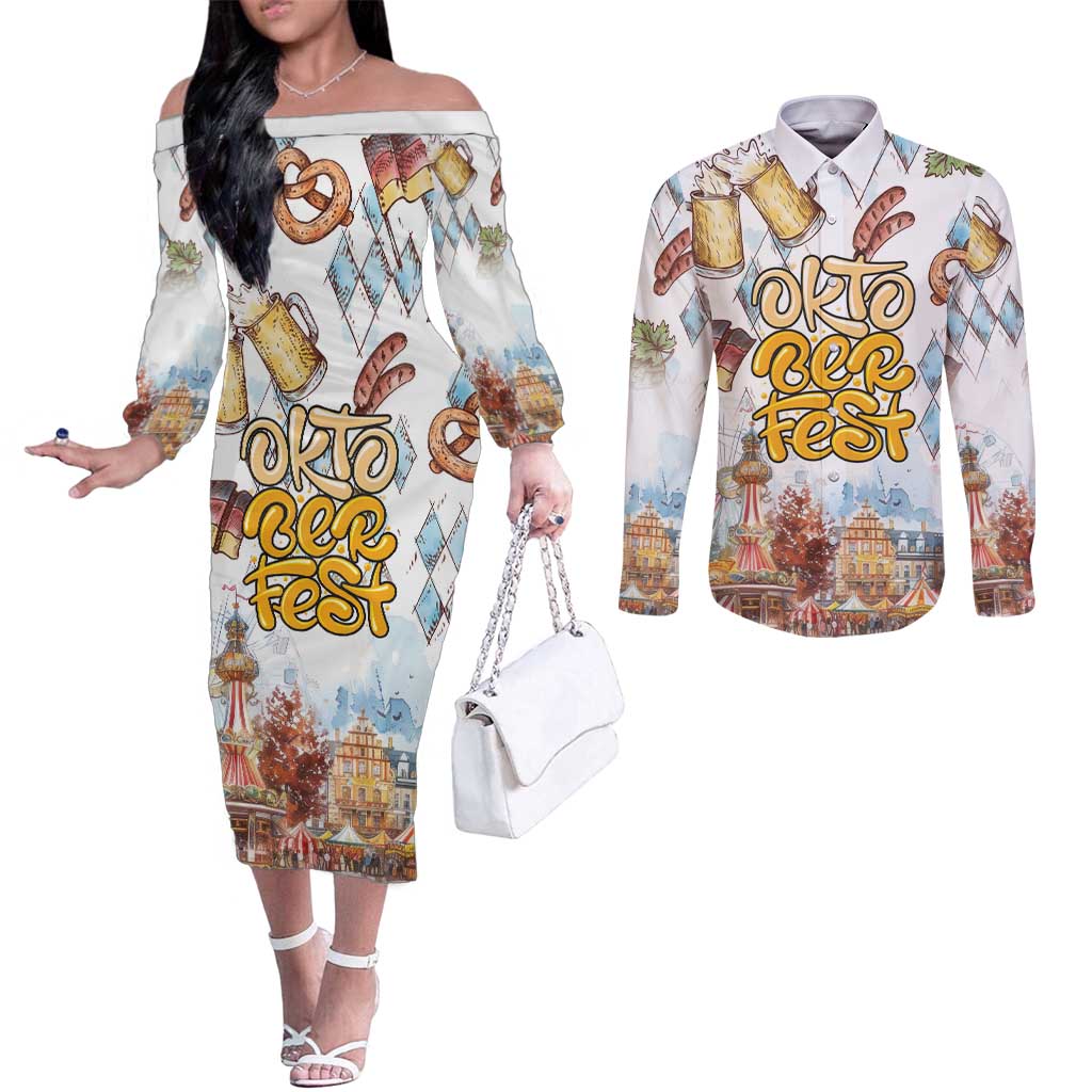 German Oktoberfest Beer Couples Matching Off The Shoulder Long Sleeve Dress and Long Sleeve Button Shirt Heritage Beer Riesenrad Joy - Wonder Print Shop