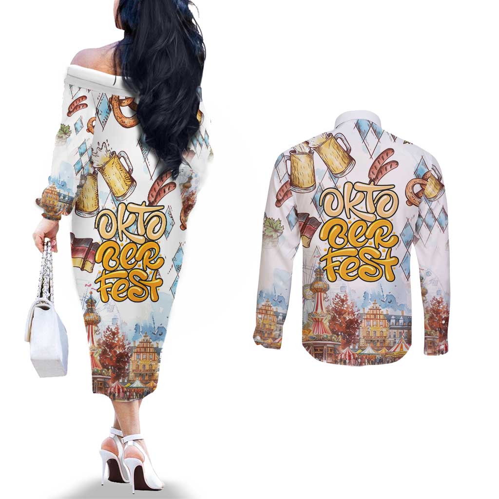 German Oktoberfest Beer Couples Matching Off The Shoulder Long Sleeve Dress and Long Sleeve Button Shirt Heritage Beer Riesenrad Joy - Wonder Print Shop