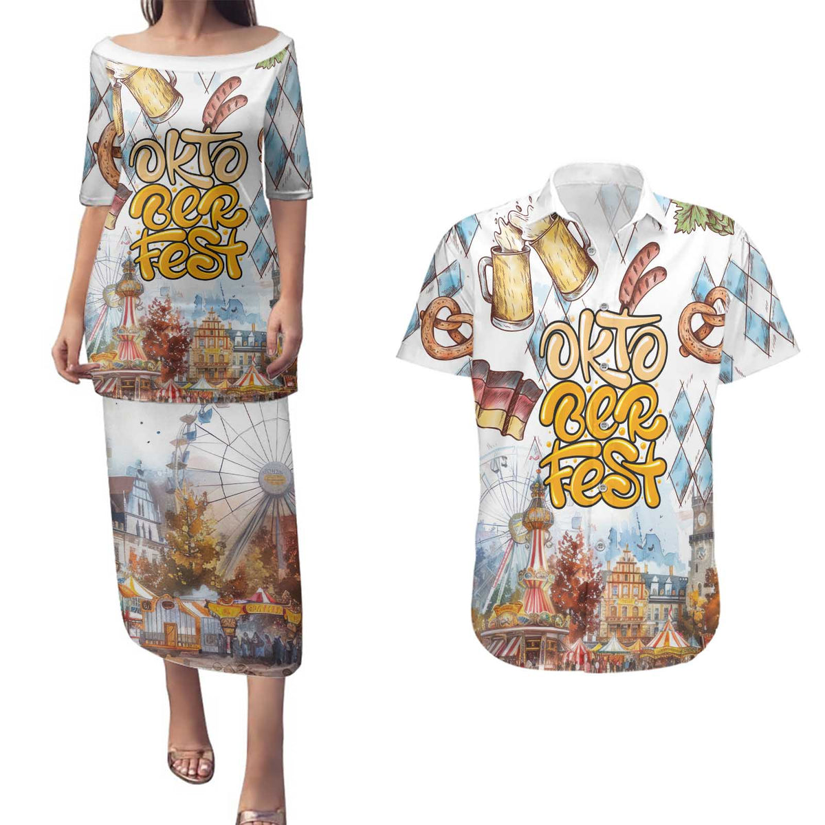 German Oktoberfest Beer Couples Matching Puletasi and Hawaiian Shirt Heritage Beer Riesenrad Joy - Wonder Print Shop