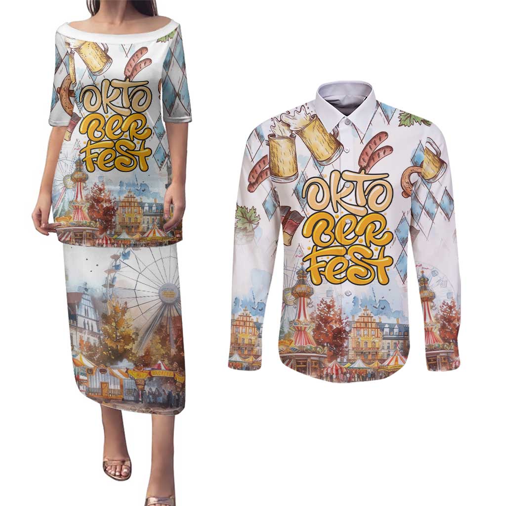German Oktoberfest Beer Couples Matching Puletasi and Long Sleeve Button Shirt Heritage Beer Riesenrad Joy - Wonder Print Shop