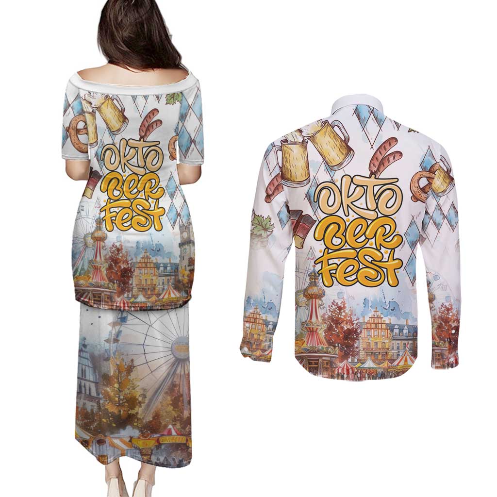 German Oktoberfest Beer Couples Matching Puletasi and Long Sleeve Button Shirt Heritage Beer Riesenrad Joy - Wonder Print Shop