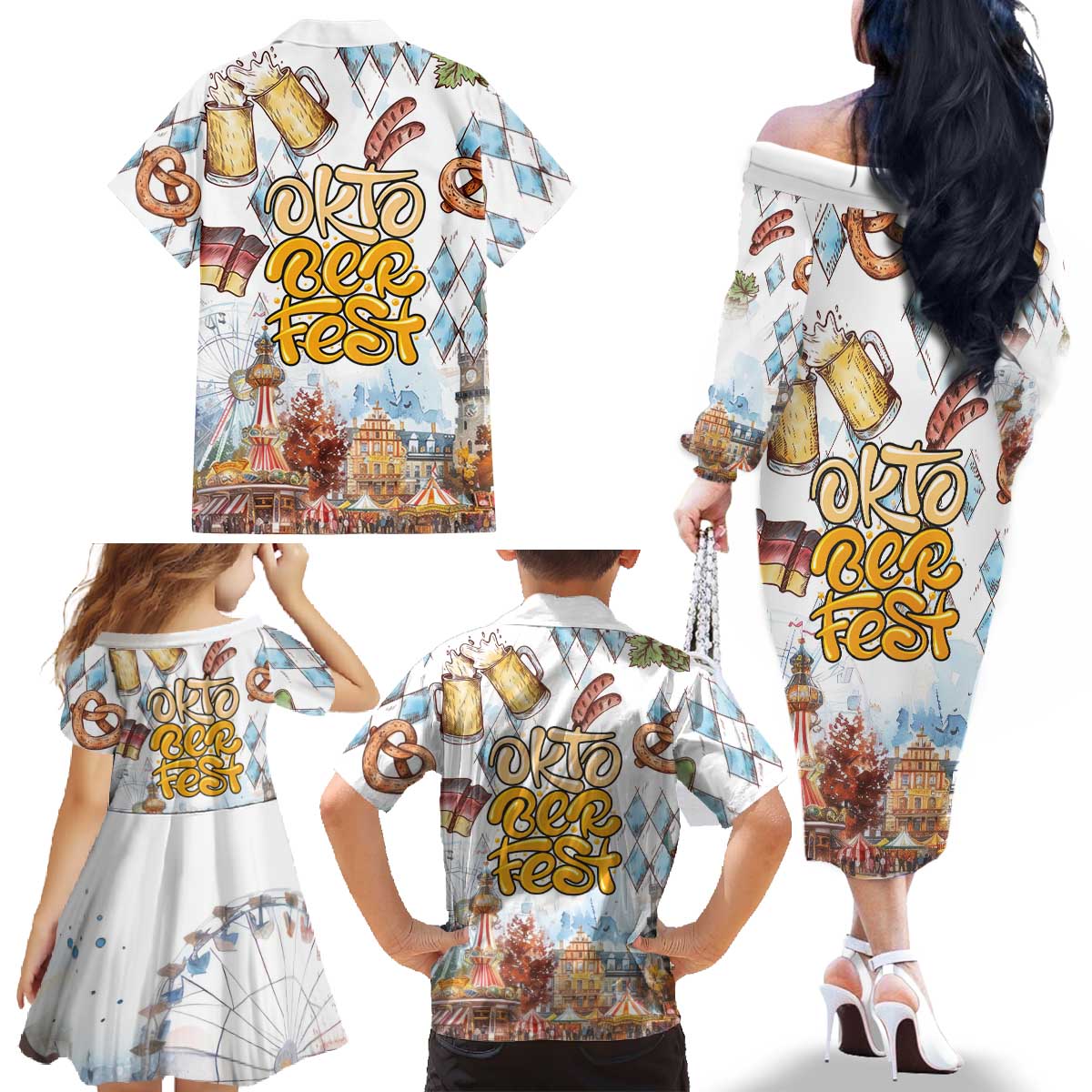 German Oktoberfest Beer Family Matching Off The Shoulder Long Sleeve Dress and Hawaiian Shirt Heritage Beer Riesenrad Joy - Wonder Print Shop