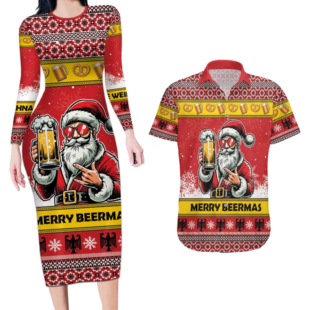 Personalized Germany Christmas Couples Matching Long Sleeve Bodycon Dress and Hawaiian Shirt Santa Claus Merry Beermas - Wonder Print Shop