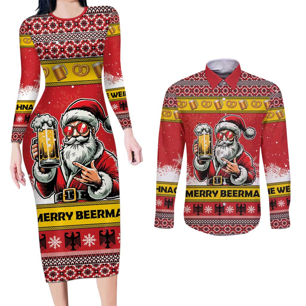 Personalized Germany Christmas Couples Matching Long Sleeve Bodycon Dress and Long Sleeve Button Shirt Santa Claus Merry Beermas - Wonder Print Shop