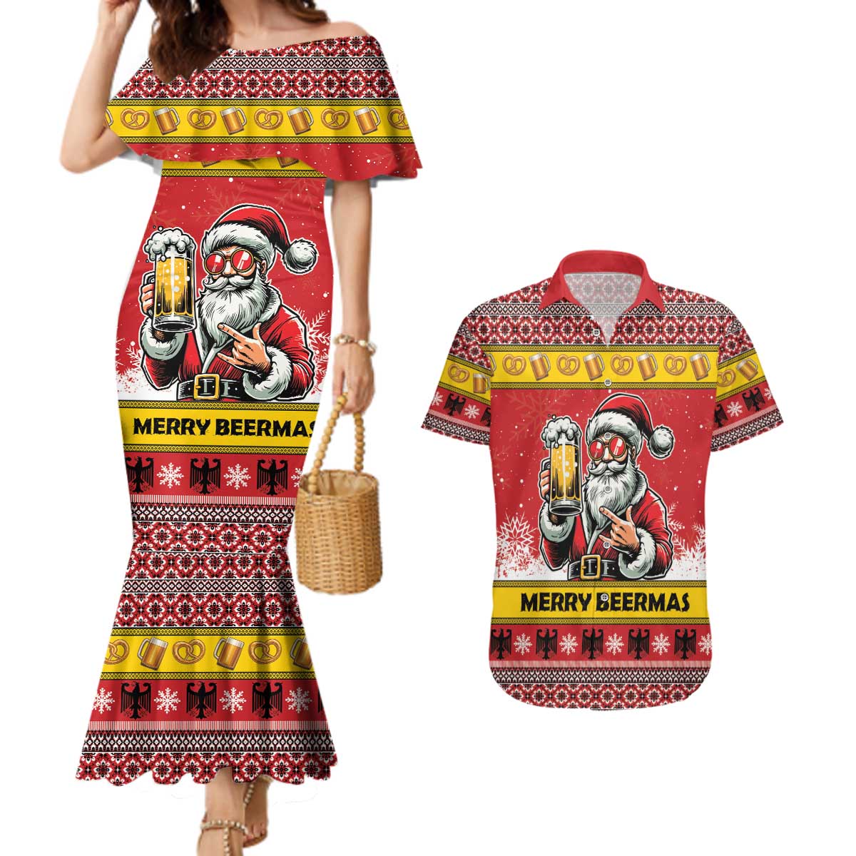 Personalized Germany Christmas Couples Matching Mermaid Dress and Hawaiian Shirt Santa Claus Merry Beermas - Wonder Print Shop
