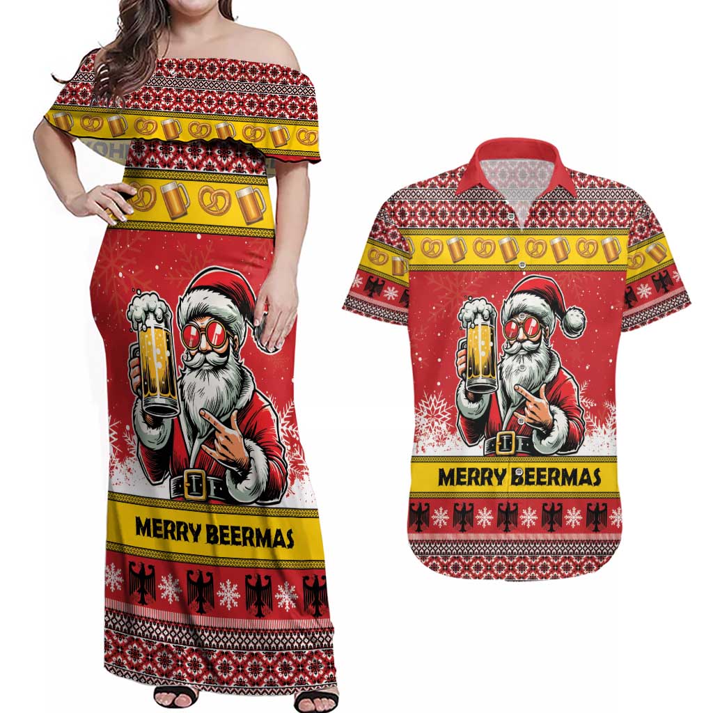 Personalized Germany Christmas Couples Matching Off Shoulder Maxi Dress and Hawaiian Shirt Santa Claus Merry Beermas - Wonder Print Shop
