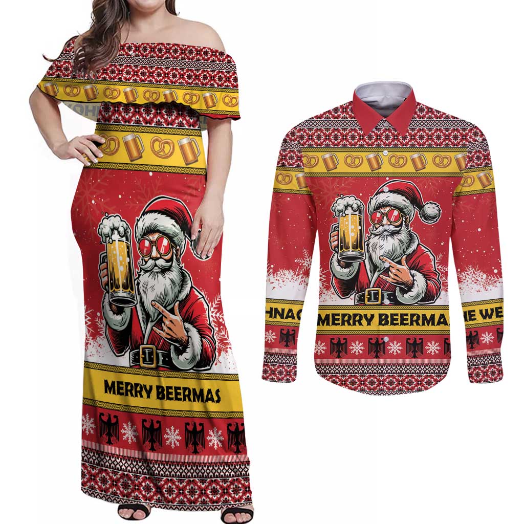Personalized Germany Christmas Couples Matching Off Shoulder Maxi Dress and Long Sleeve Button Shirt Santa Claus Merry Beermas - Wonder Print Shop