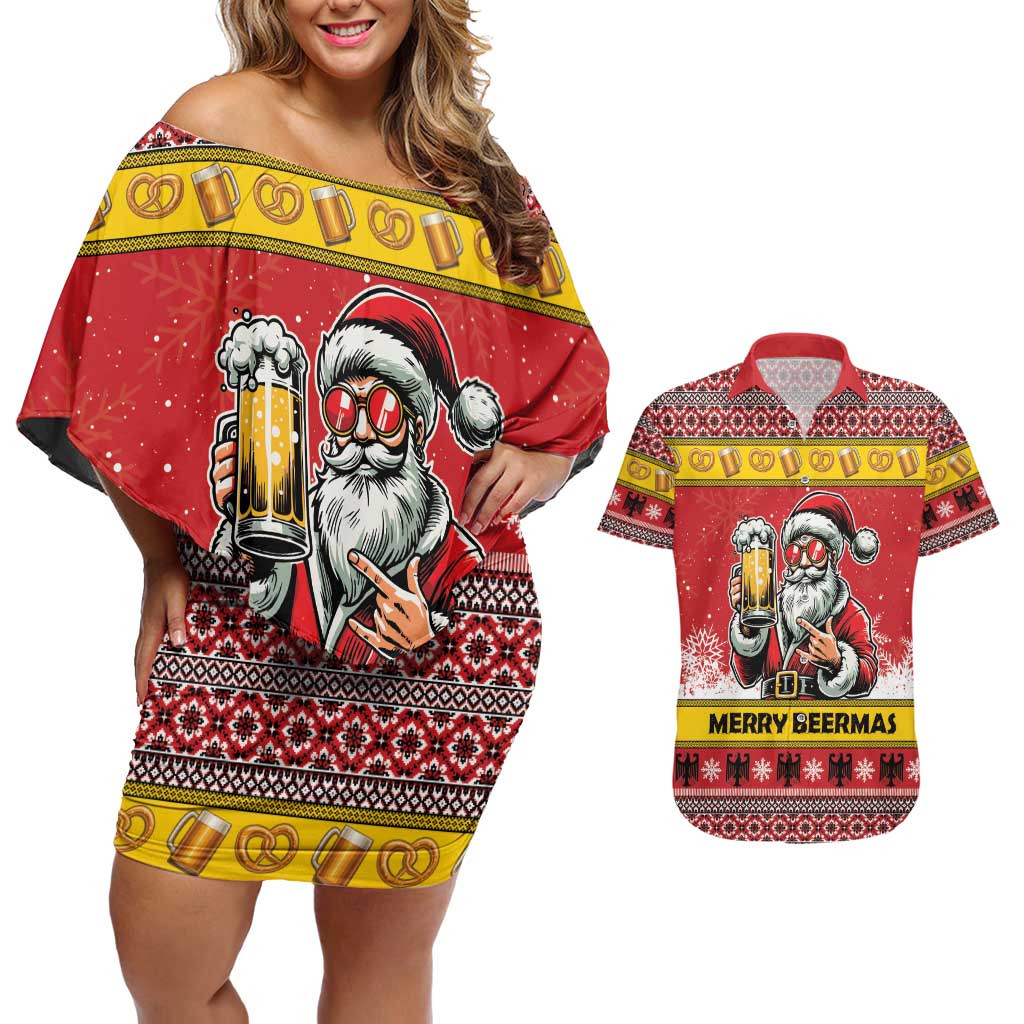 Personalized Germany Christmas Couples Matching Off Shoulder Short Dress and Hawaiian Shirt Santa Claus Merry Beermas - Wonder Print Shop