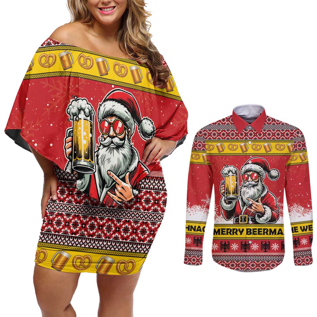 Personalized Germany Christmas Couples Matching Off Shoulder Short Dress and Long Sleeve Button Shirt Santa Claus Merry Beermas - Wonder Print Shop