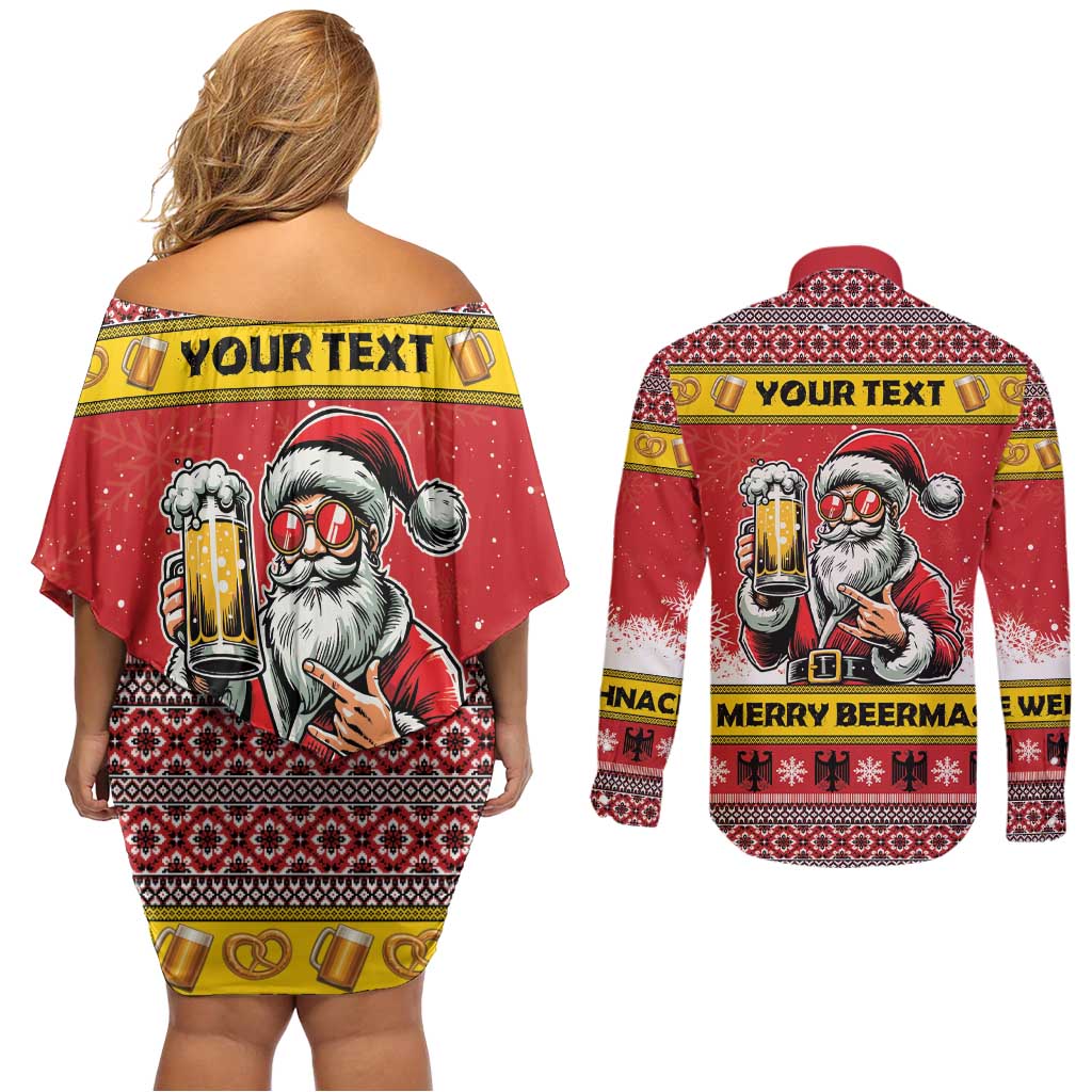 Personalized Germany Christmas Couples Matching Off Shoulder Short Dress and Long Sleeve Button Shirt Santa Claus Merry Beermas - Wonder Print Shop