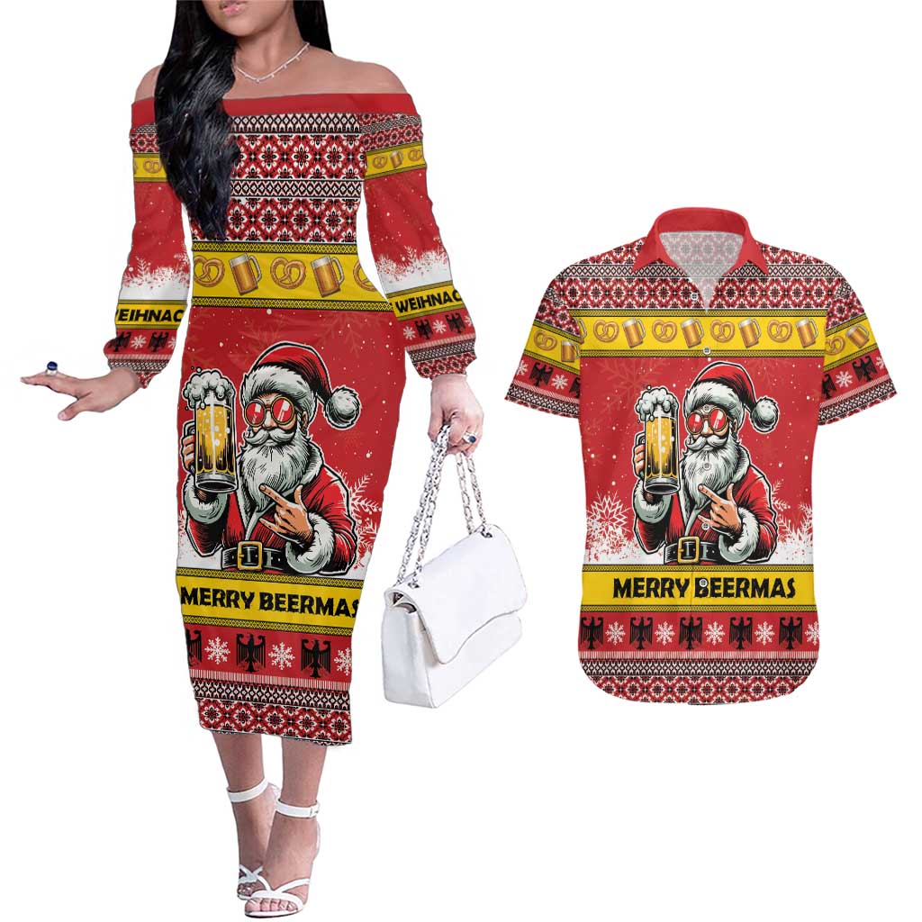Personalized Germany Christmas Couples Matching Off The Shoulder Long Sleeve Dress and Hawaiian Shirt Santa Claus Merry Beermas - Wonder Print Shop