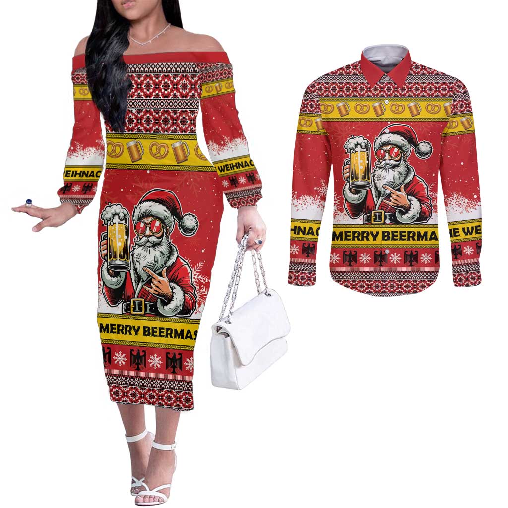 Personalized Germany Christmas Couples Matching Off The Shoulder Long Sleeve Dress and Long Sleeve Button Shirt Santa Claus Merry Beermas - Wonder Print Shop