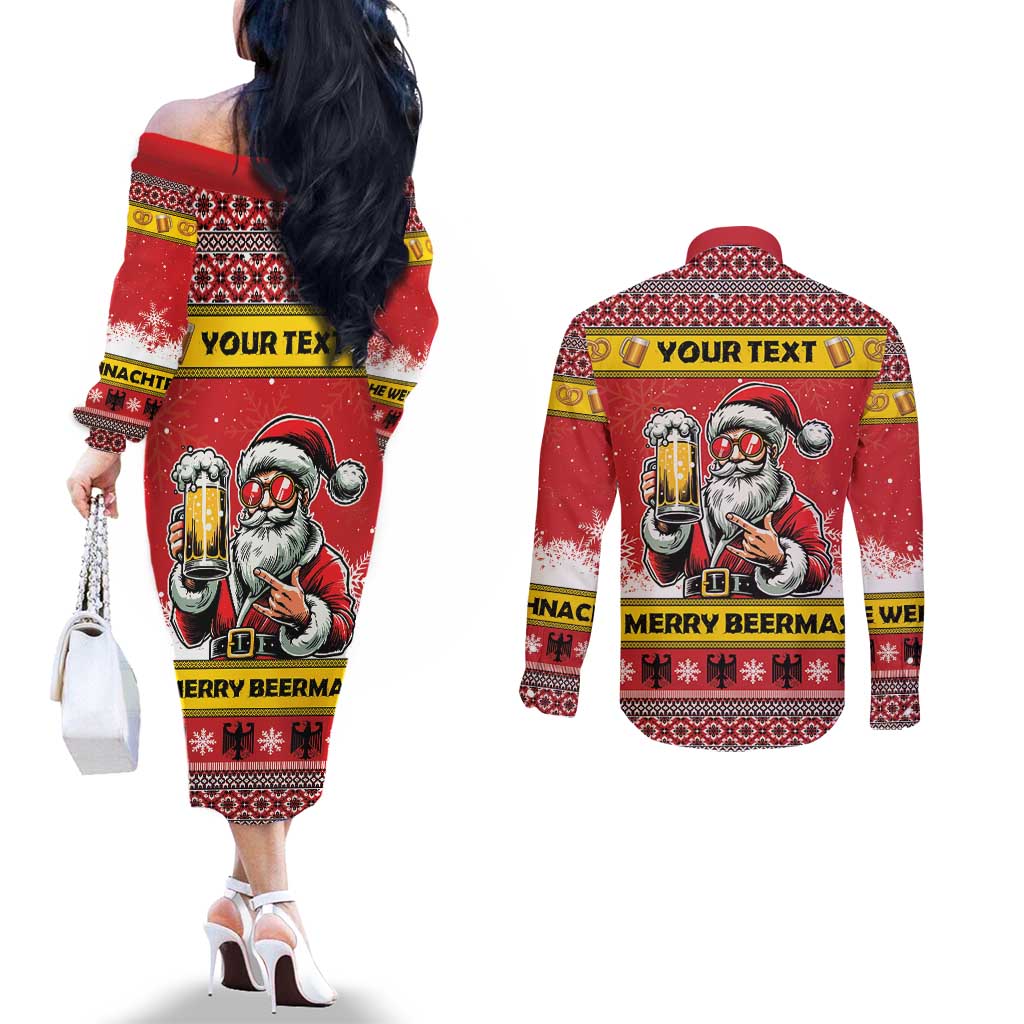 Personalized Germany Christmas Couples Matching Off The Shoulder Long Sleeve Dress and Long Sleeve Button Shirt Santa Claus Merry Beermas - Wonder Print Shop