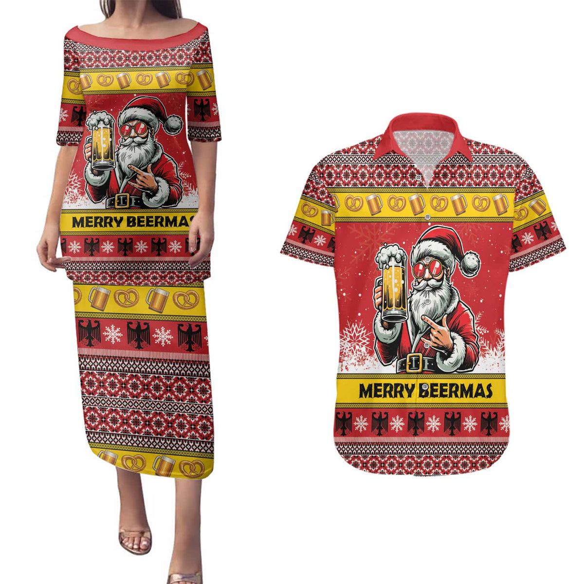 Personalized Germany Christmas Couples Matching Puletasi and Hawaiian Shirt Santa Claus Merry Beermas - Wonder Print Shop