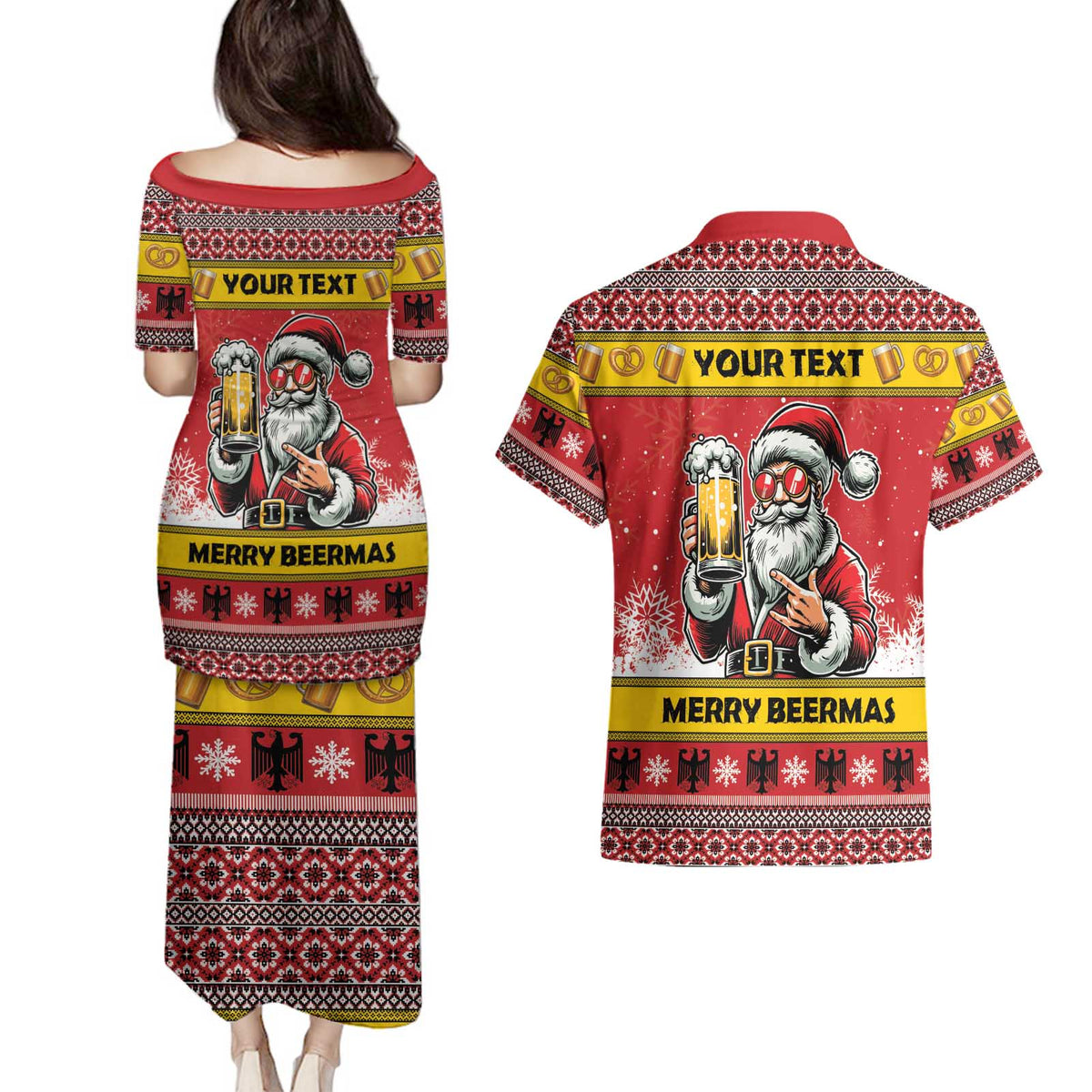 Personalized Germany Christmas Couples Matching Puletasi and Hawaiian Shirt Santa Claus Merry Beermas - Wonder Print Shop