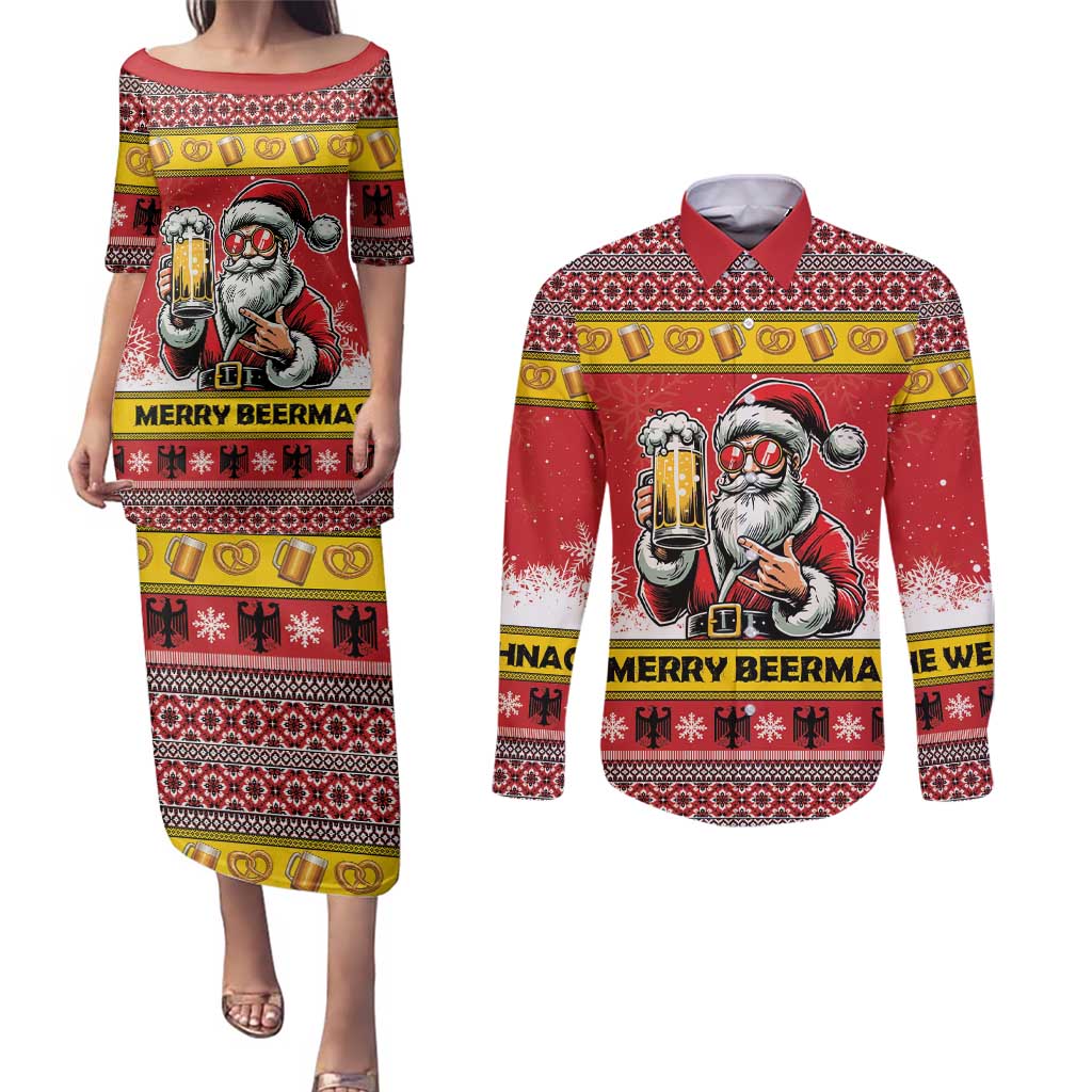 Personalized Germany Christmas Couples Matching Puletasi and Long Sleeve Button Shirt Santa Claus Merry Beermas - Wonder Print Shop