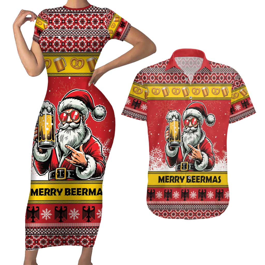 Personalized Germany Christmas Couples Matching Short Sleeve Bodycon Dress and Hawaiian Shirt Santa Claus Merry Beermas - Wonder Print Shop